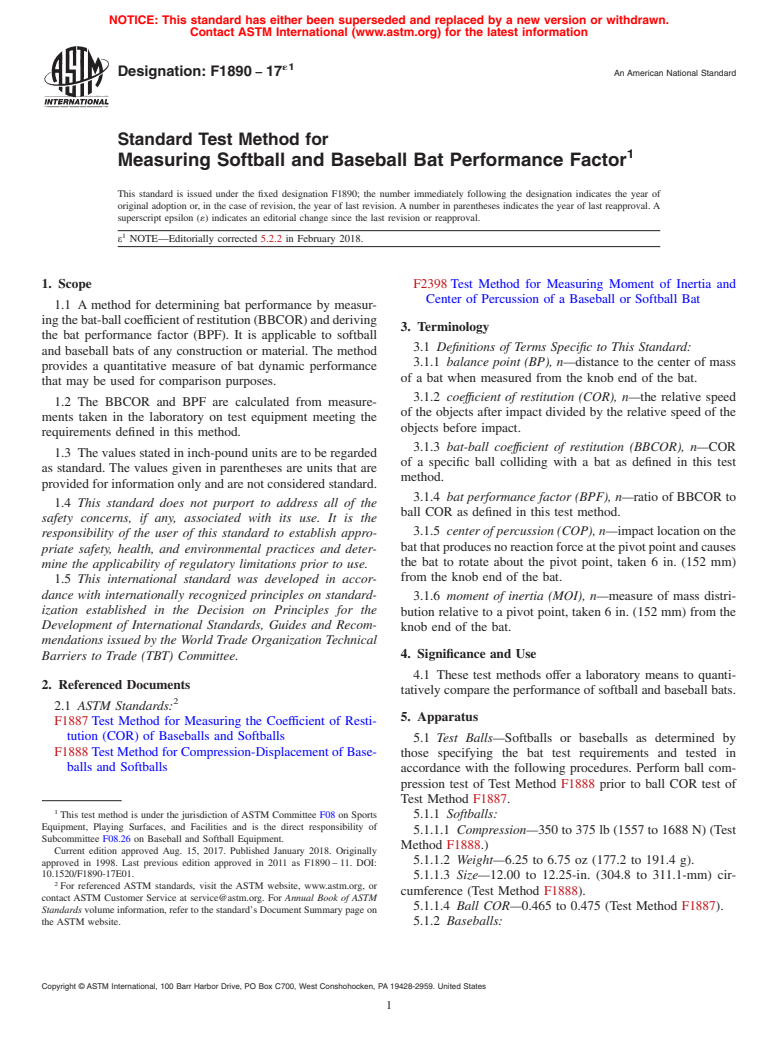 ASTM F1890-17e1 - Standard Test Method for Measuring Softball and Baseball Bat Performance Factor