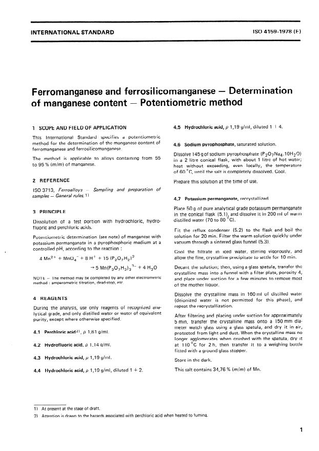 ISO 4159:1978 - Ferromanganese and ferrosilicomanganese -- Determination of manganese content -- Potentiometric method