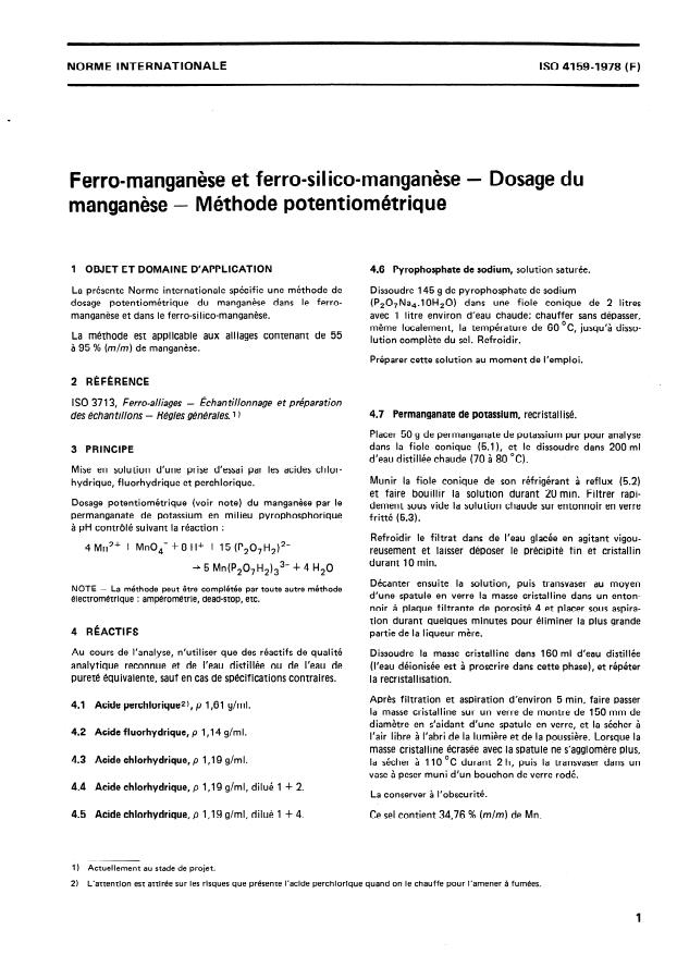 ISO 4159:1978 - Ferro-manganese et ferro-silico-manganese -- Dosage du manganese -- Méthode potentiométrique