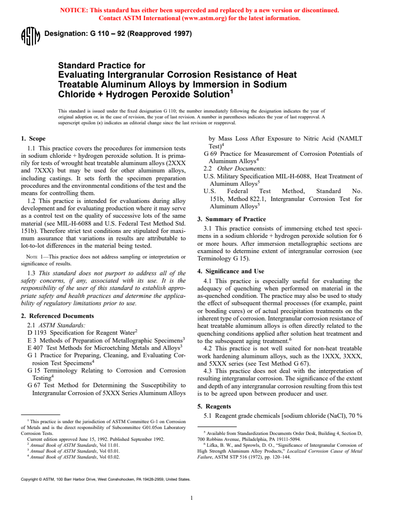 ASTM G110-92(1997) - Standard Practice for Evaluating Intergranular Corrosion Resistance of Heat Treatable Aluminum Alloys by Immersion in Sodium Chloride + Hydrogen Peroxide Solution