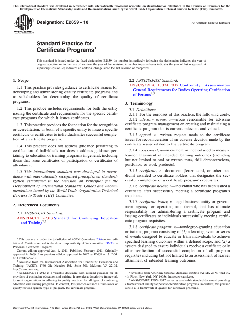 ASTM E2659-18 - Standard Practice for  Certificate Programs
