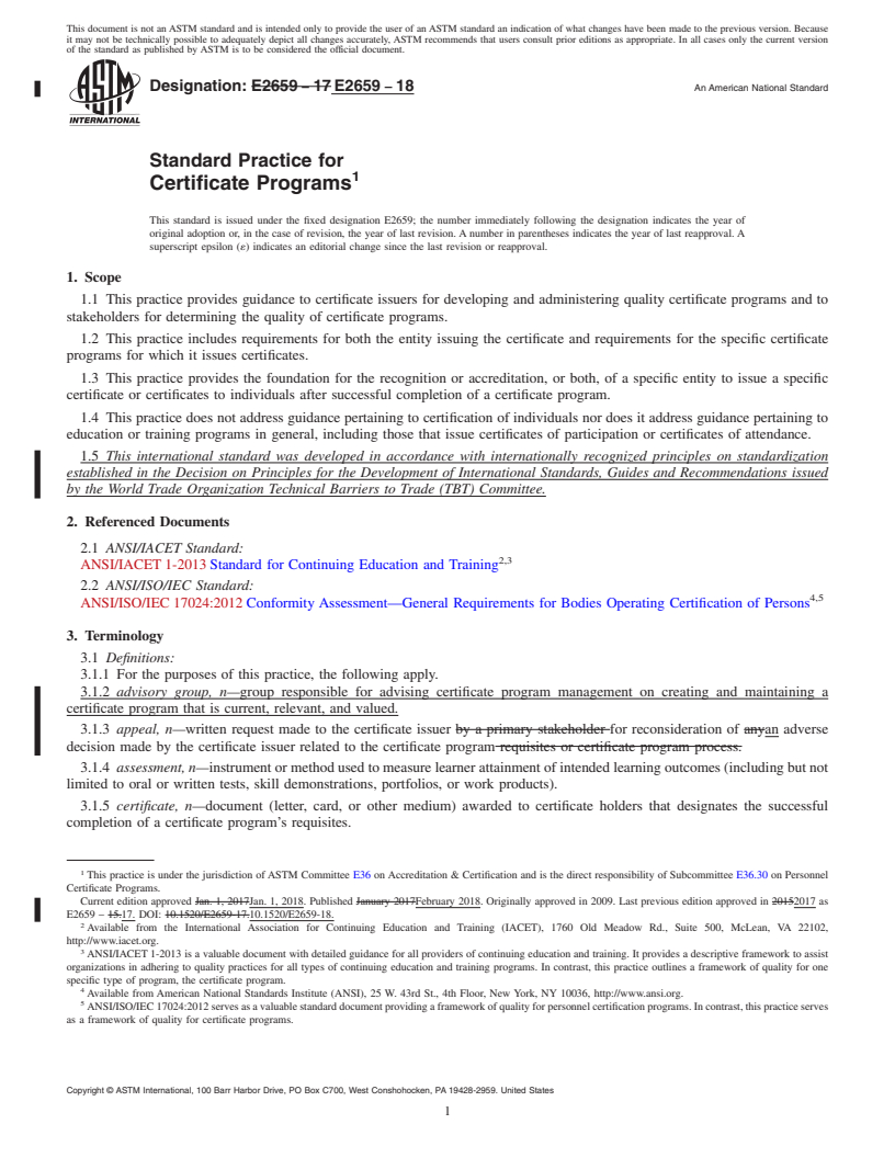 REDLINE ASTM E2659-18 - Standard Practice for  Certificate Programs
