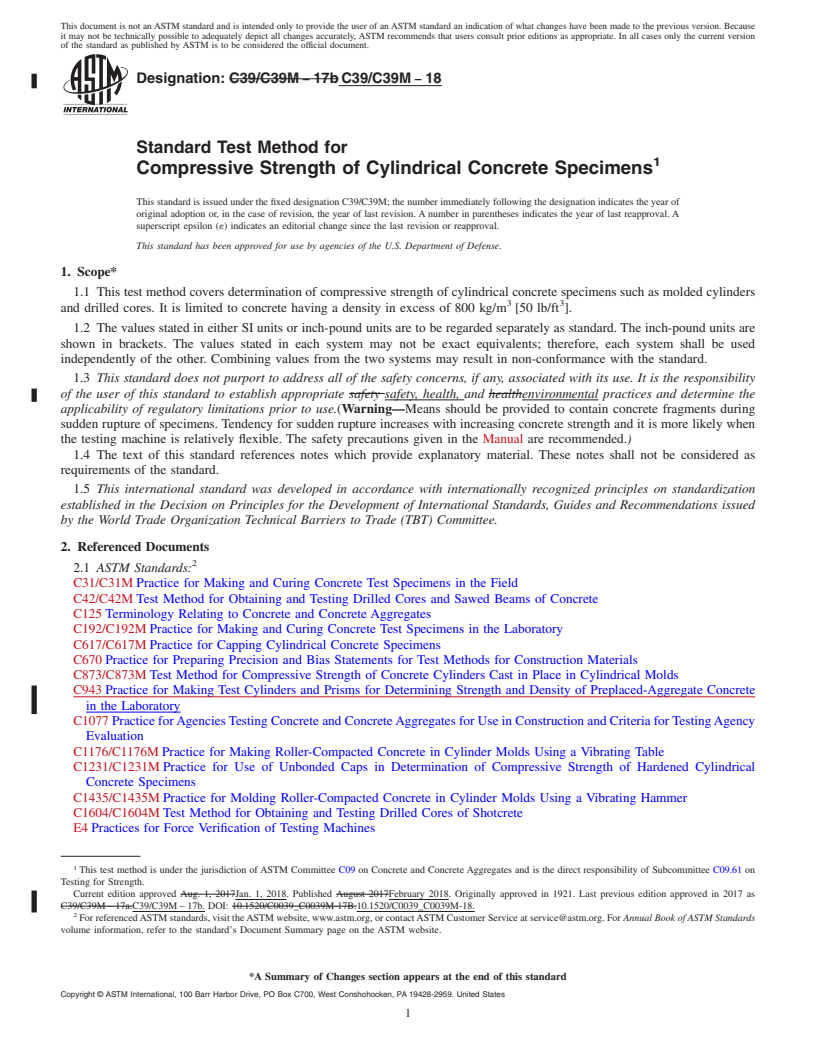 REDLINE ASTM C39/C39M-18 - Standard Test Method for  Compressive Strength of Cylindrical Concrete Specimens