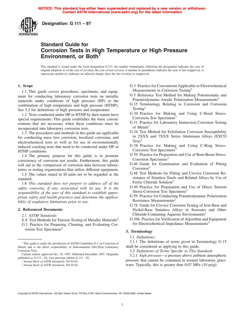 ASTM G111-97 - Standard Guide for Corrosion Tests in High Temperature or High Pressure Environment, or Both