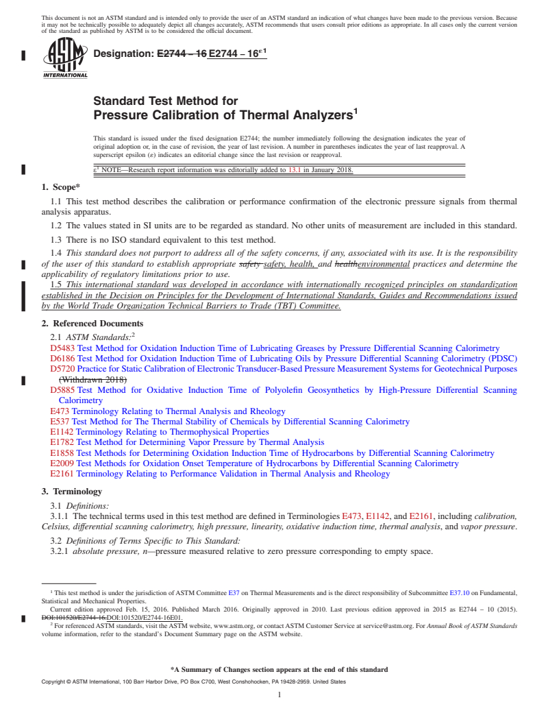 REDLINE ASTM E2744-16e1 - Standard Test Method for  Pressure Calibration of Thermal Analyzers