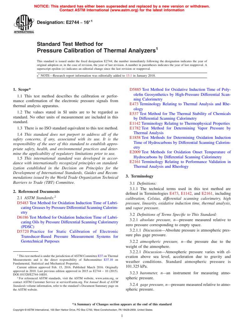 ASTM E2744-16e1 - Standard Test Method for  Pressure Calibration of Thermal Analyzers