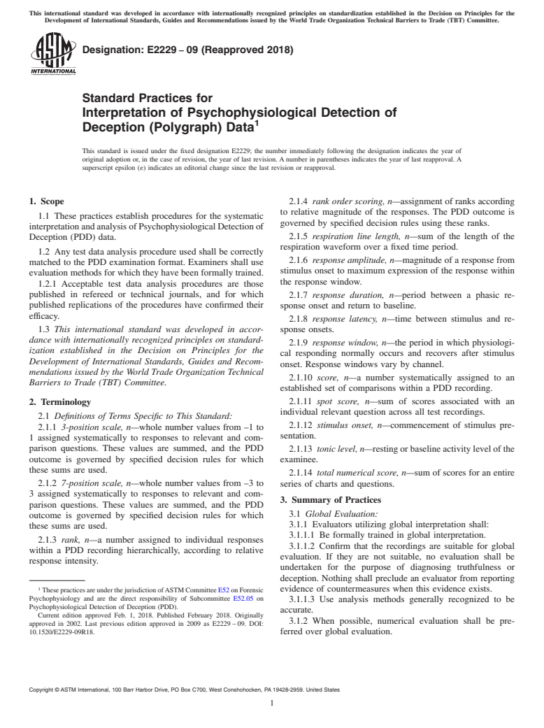 ASTM E2229-09(2018) - Standard Practices for  Interpretation of Psychophysiological Detection of Deception  (Polygraph) Data