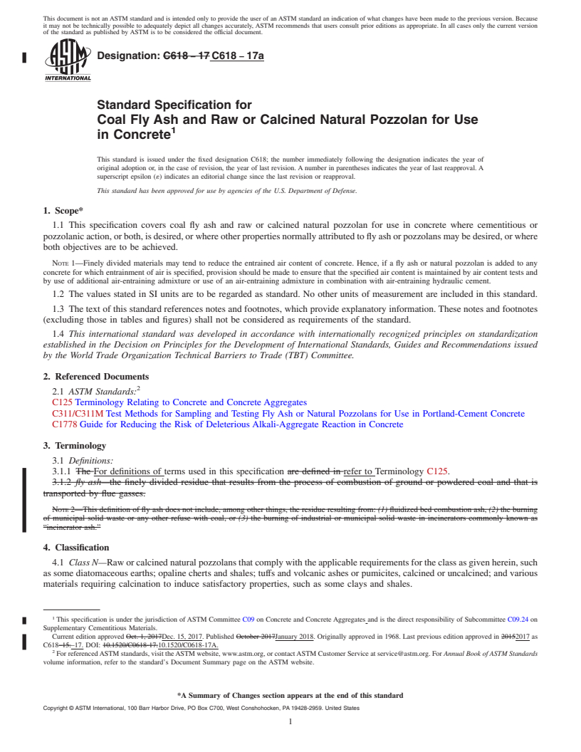 REDLINE ASTM C618-17a - Standard Specification for  Coal Fly Ash and Raw or Calcined Natural Pozzolan for Use in  Concrete