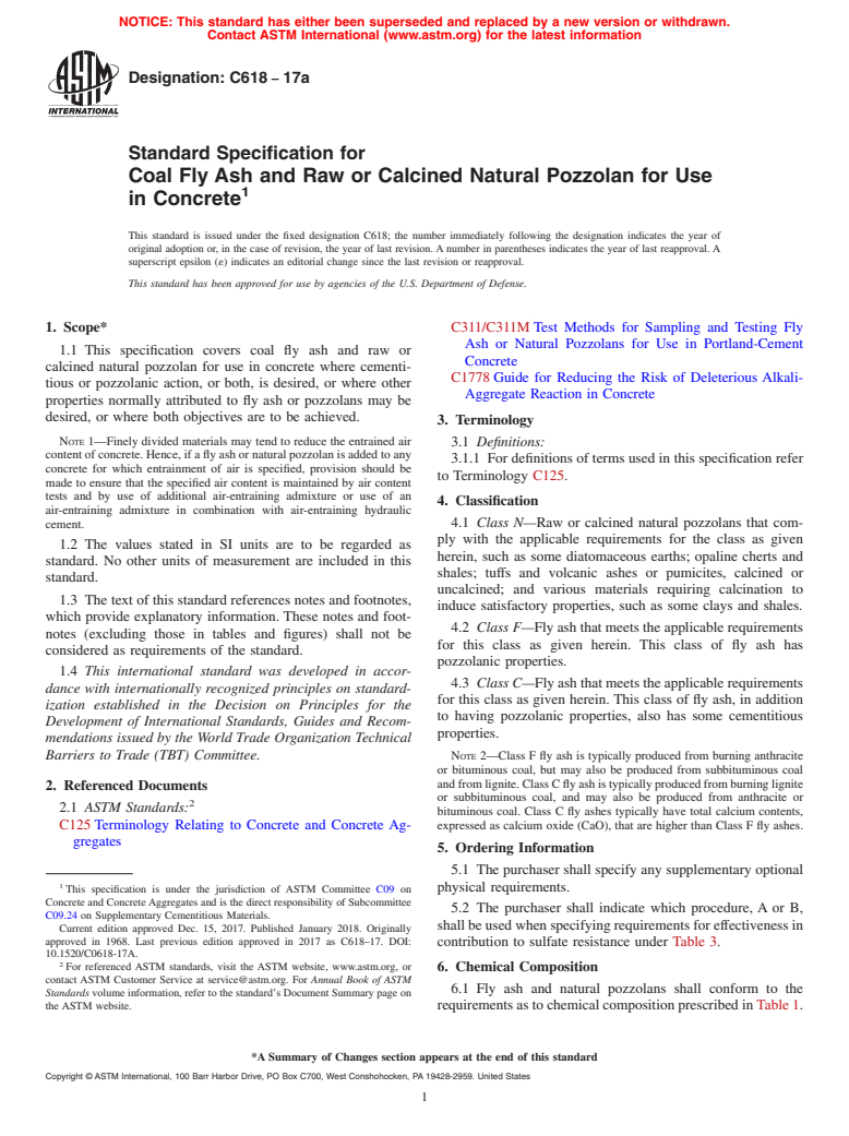 ASTM C618-17a - Standard Specification for  Coal Fly Ash and Raw or Calcined Natural Pozzolan for Use in  Concrete