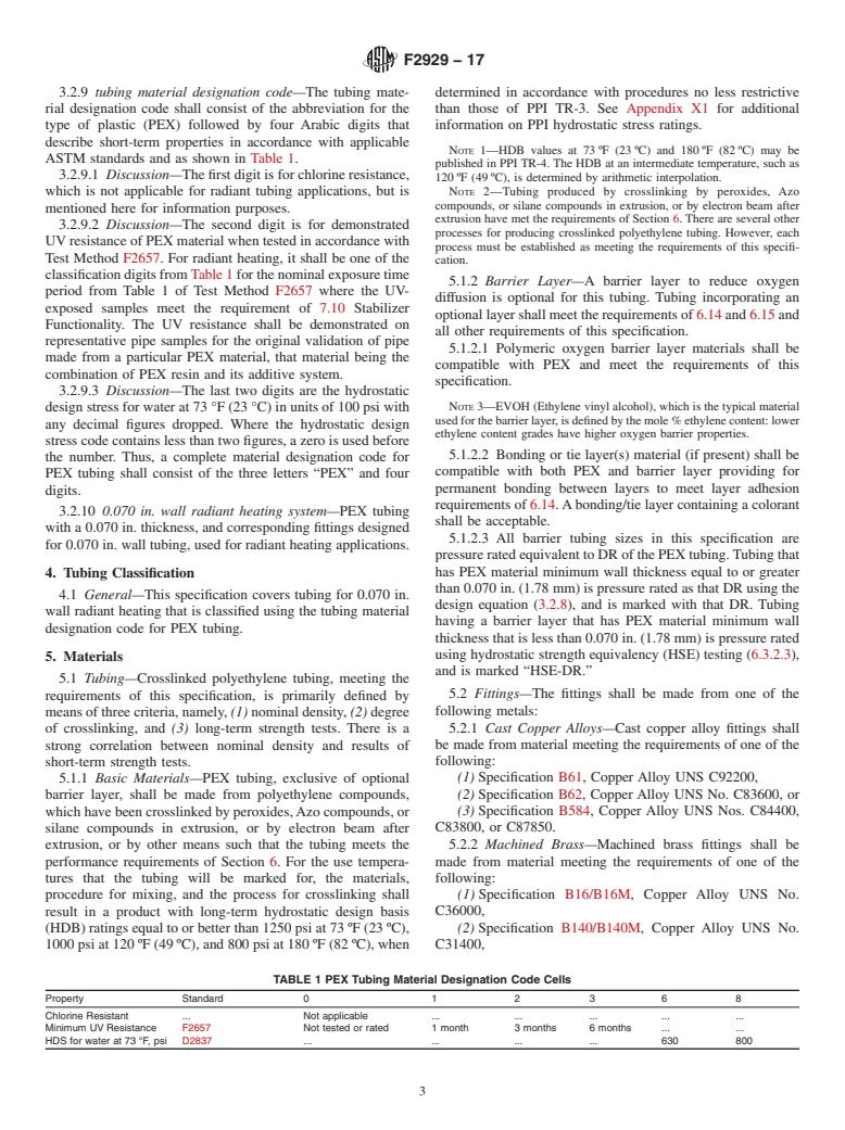 ASTM F2929-17 - Standard Specification for Crosslinked Polyethylene (PEX) Tubing of 0.070 in. Wall and  Fittings for Radiant Heating Systems up to 75 psig