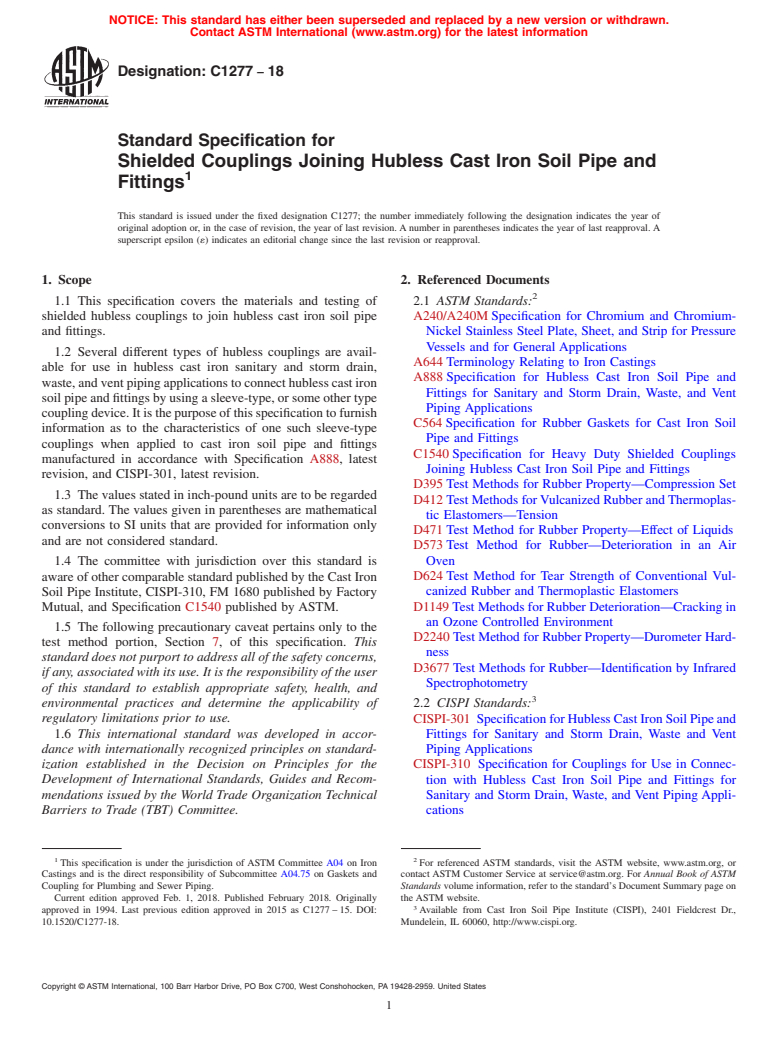 ASTM C1277-18 - Standard Specification for  Shielded Couplings Joining Hubless Cast Iron Soil Pipe and   Fittings