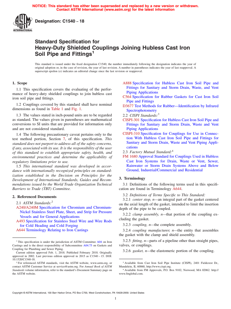 ASTM C1540-18 - Standard Specification for  Heavy-Duty Shielded Couplings Joining Hubless Cast Iron Soil   Pipe and Fittings