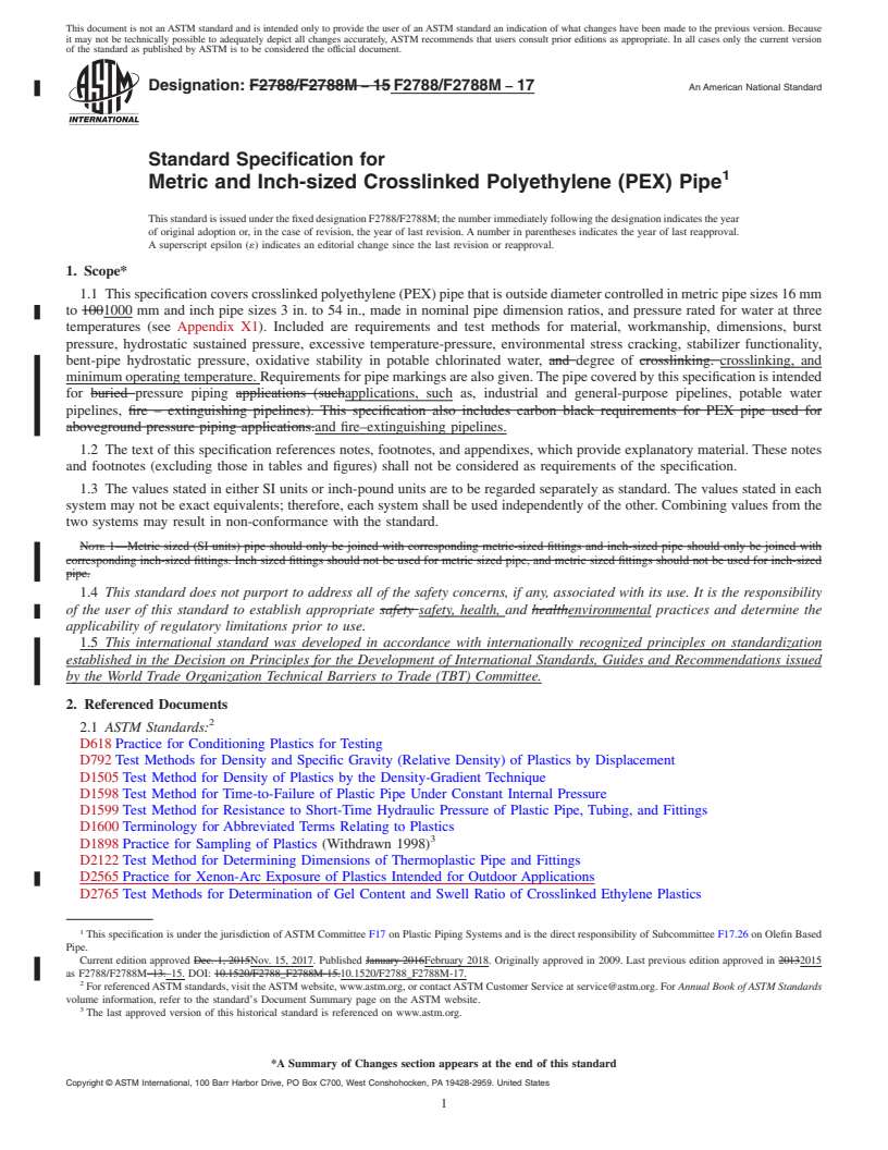 REDLINE ASTM F2788/F2788M-17 - Standard Specification for  Metric and Inch-sized Crosslinked Polyethylene (PEX) Pipe