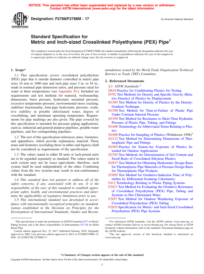 ASTM F2788/F2788M-17 - Standard Specification for  Metric and Inch-sized Crosslinked Polyethylene (PEX) Pipe