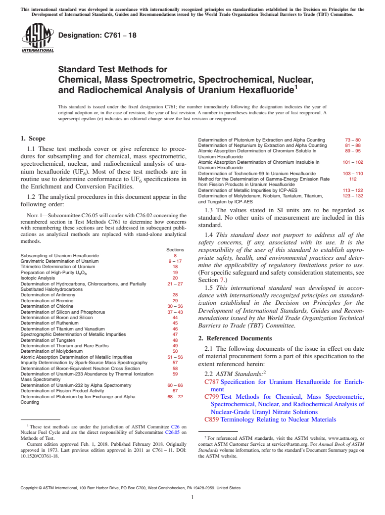 ASTM C761-18 - Standard Test Methods for  Chemical, Mass Spectrometric, Spectrochemical, Nuclear, and Radiochemical Analysis of Uranium Hexafluoride