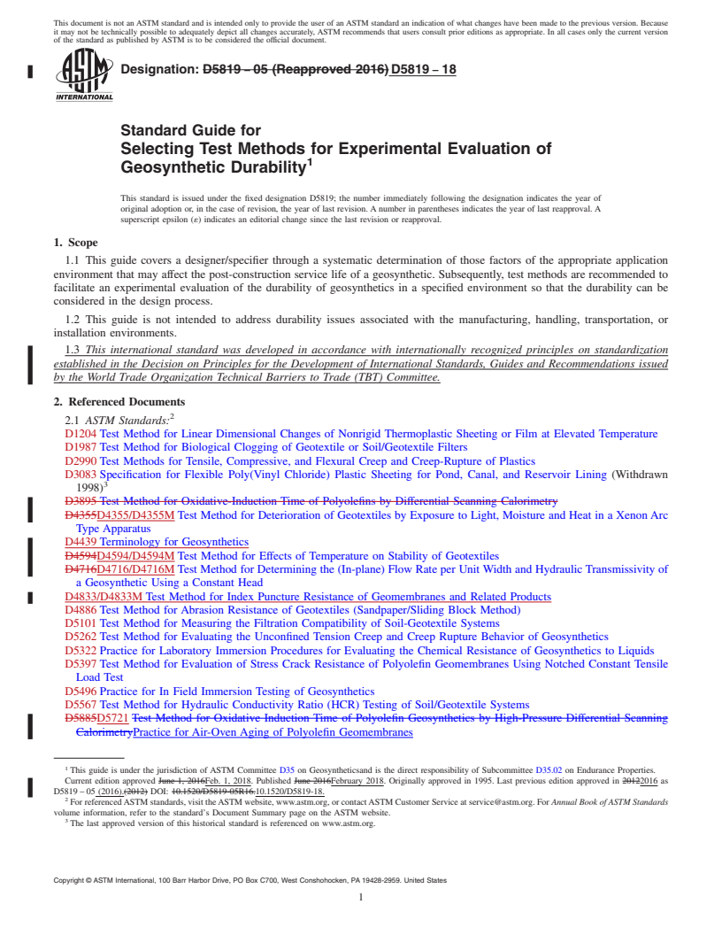 REDLINE ASTM D5819-18 - Standard Guide for  Selecting Test Methods for Experimental Evaluation of Geosynthetic   Durability