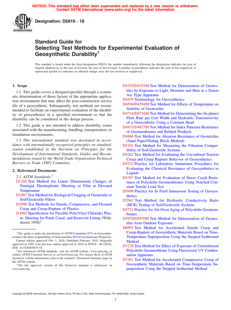 ASTM D5819-18 - Standard Guide for  Selecting Test Methods for Experimental Evaluation of Geosynthetic   Durability