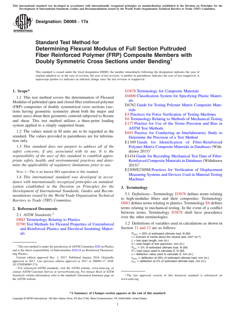 ASTM D8069-17a - Standard Test Method for Determining Flexural Modulus of Full Section Pultruded Fiber  Reinforced Polymer (FRP) Composite Members with Doubly Symmetric Cross  Sections under Bending