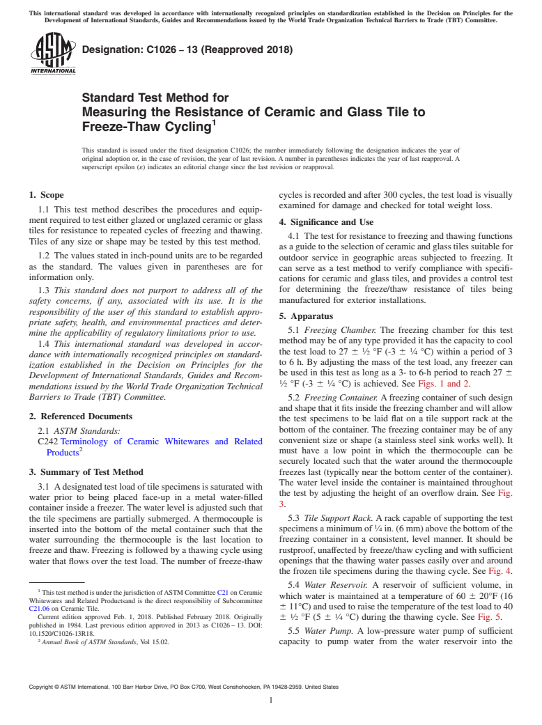 ASTM C1026-13(2018) - Standard Test Method for  Measuring the Resistance of Ceramic and Glass Tile to Freeze-Thaw  Cycling