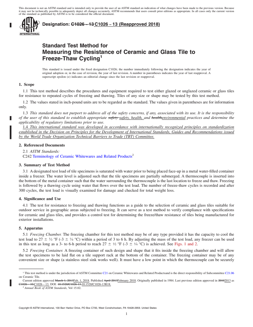 REDLINE ASTM C1026-13(2018) - Standard Test Method for  Measuring the Resistance of Ceramic and Glass Tile to Freeze-Thaw  Cycling