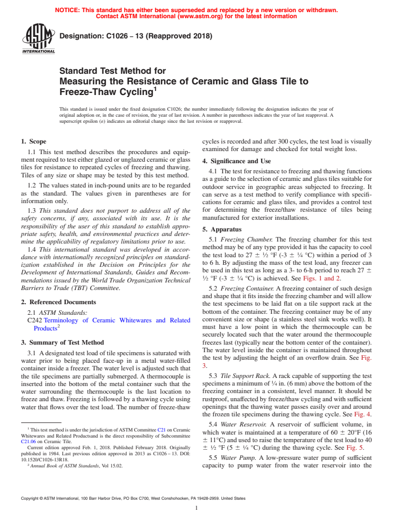 ASTM C1026-13(2018) - Standard Test Method for  Measuring the Resistance of Ceramic and Glass Tile to Freeze-Thaw  Cycling