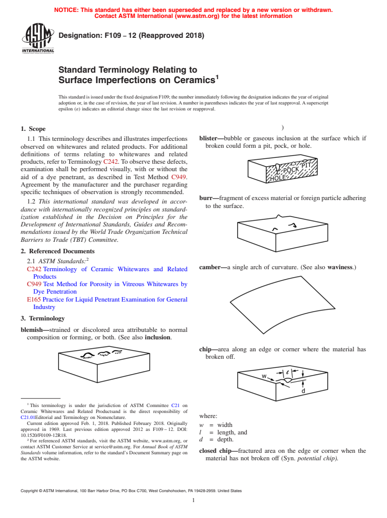 ASTM F109-12(2018) - Standard Terminology Relating to  Surface Imperfections on Ceramics