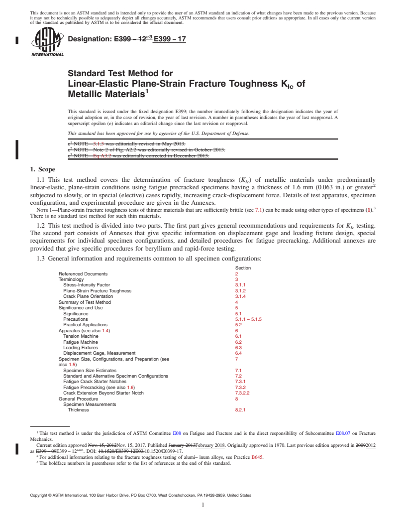 REDLINE ASTM E399-17 - Standard Test Method for  Linear-Elastic Plane-Strain Fracture Toughness K<inf>Ic</inf  > of Metallic Materials
