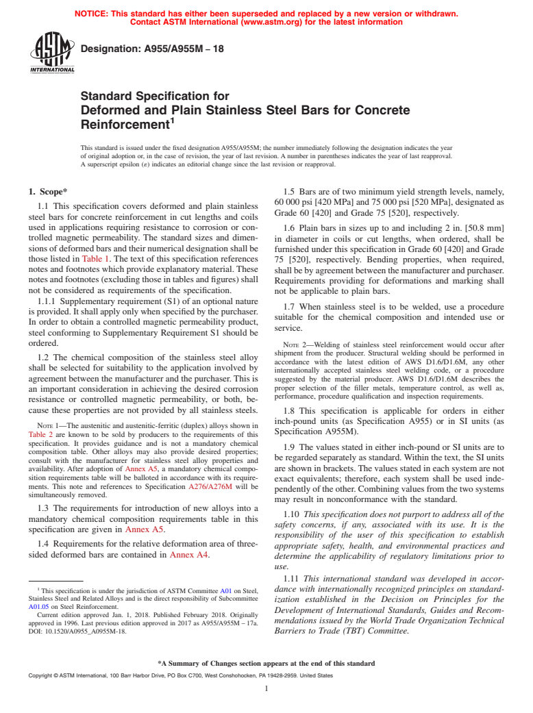 ASTM A955/A955M-18 - Standard Specification for  Deformed and Plain Stainless Steel Bars for Concrete Reinforcement