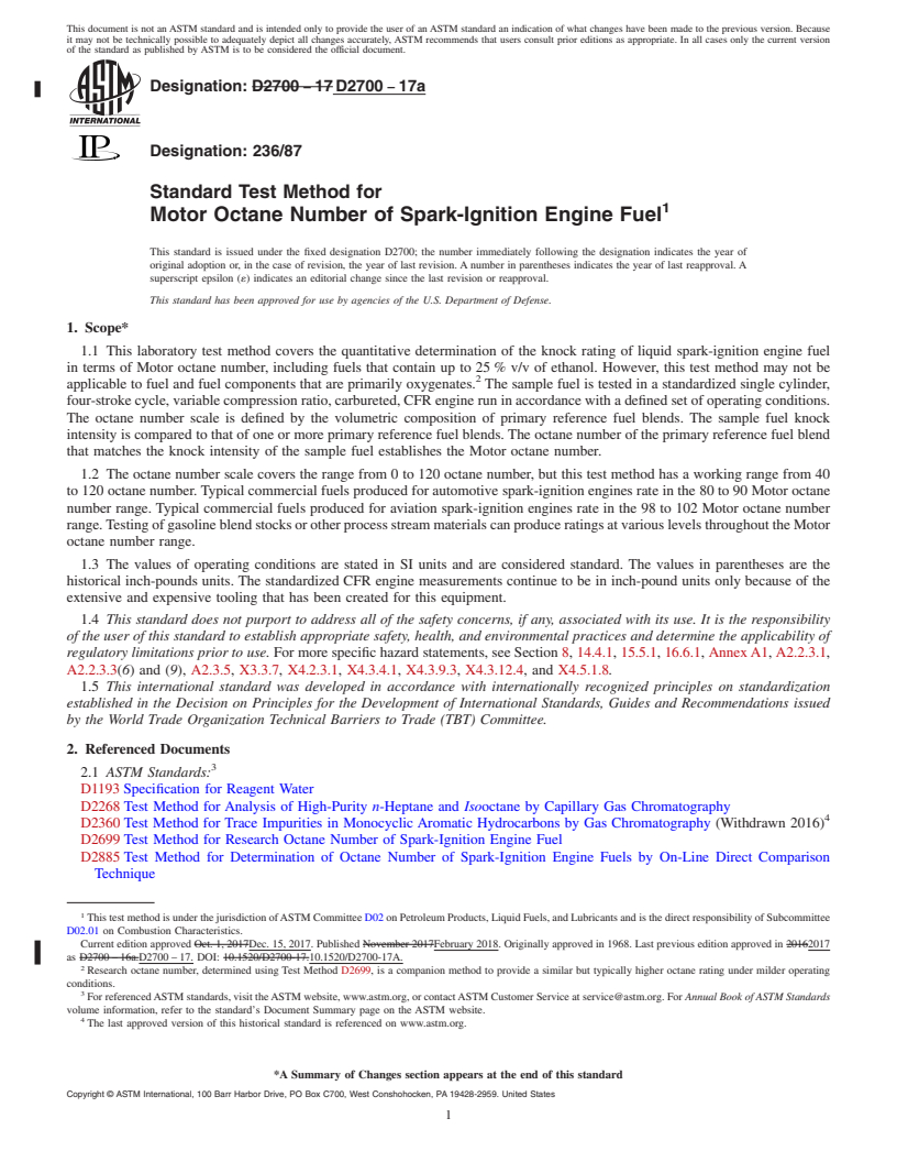 REDLINE ASTM D2700-17a - Standard Test Method for Motor Octane Number of Spark-Ignition Engine Fuel