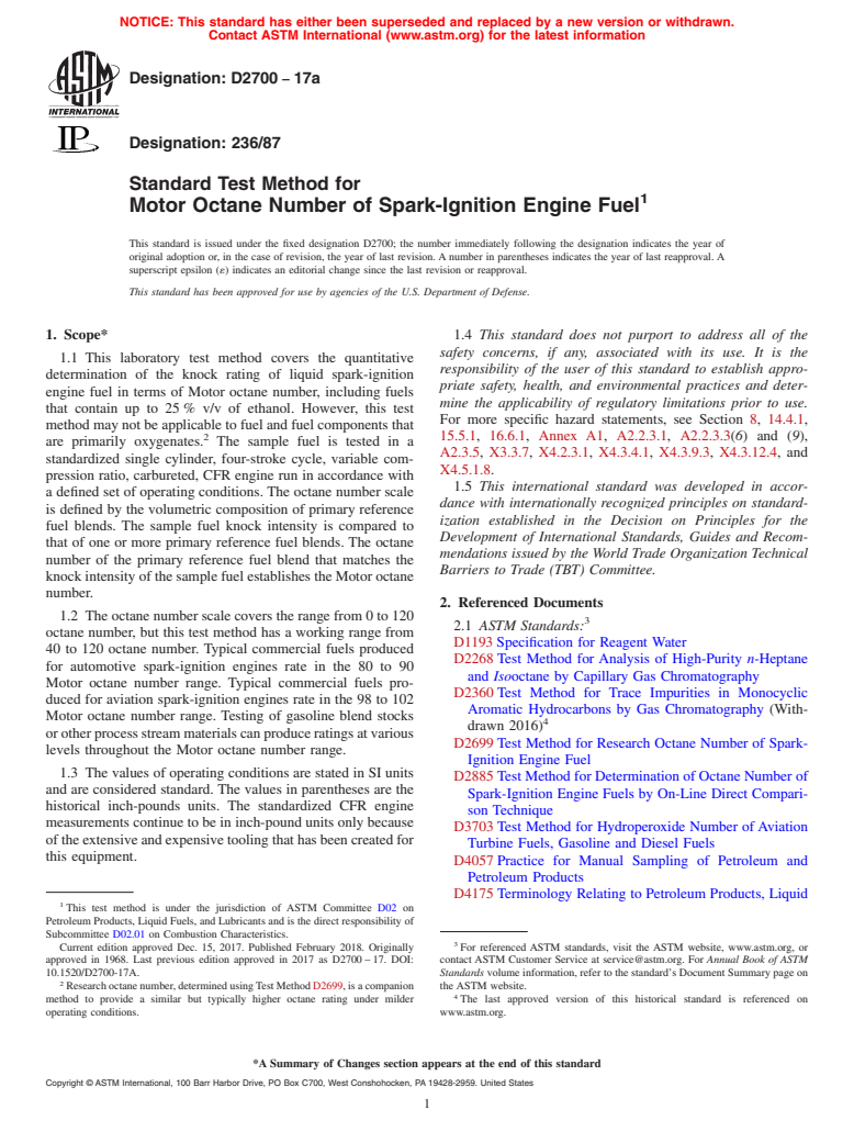 ASTM D2700-17a - Standard Test Method for Motor Octane Number of Spark-Ignition Engine Fuel