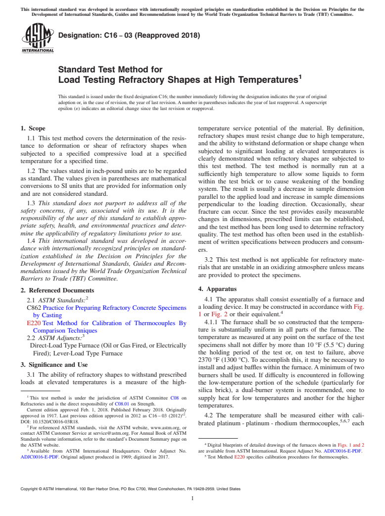 ASTM C16-03(2018) - Standard Test Method for Load Testing Refractory Shapes at High Temperatures