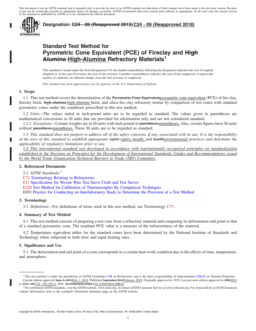 REDLINE ASTM C24-09(2018) - Standard Test Method for Pyrometric Cone Equivalent (PCE) of Fireclay and High-Alumina Refractory Materials