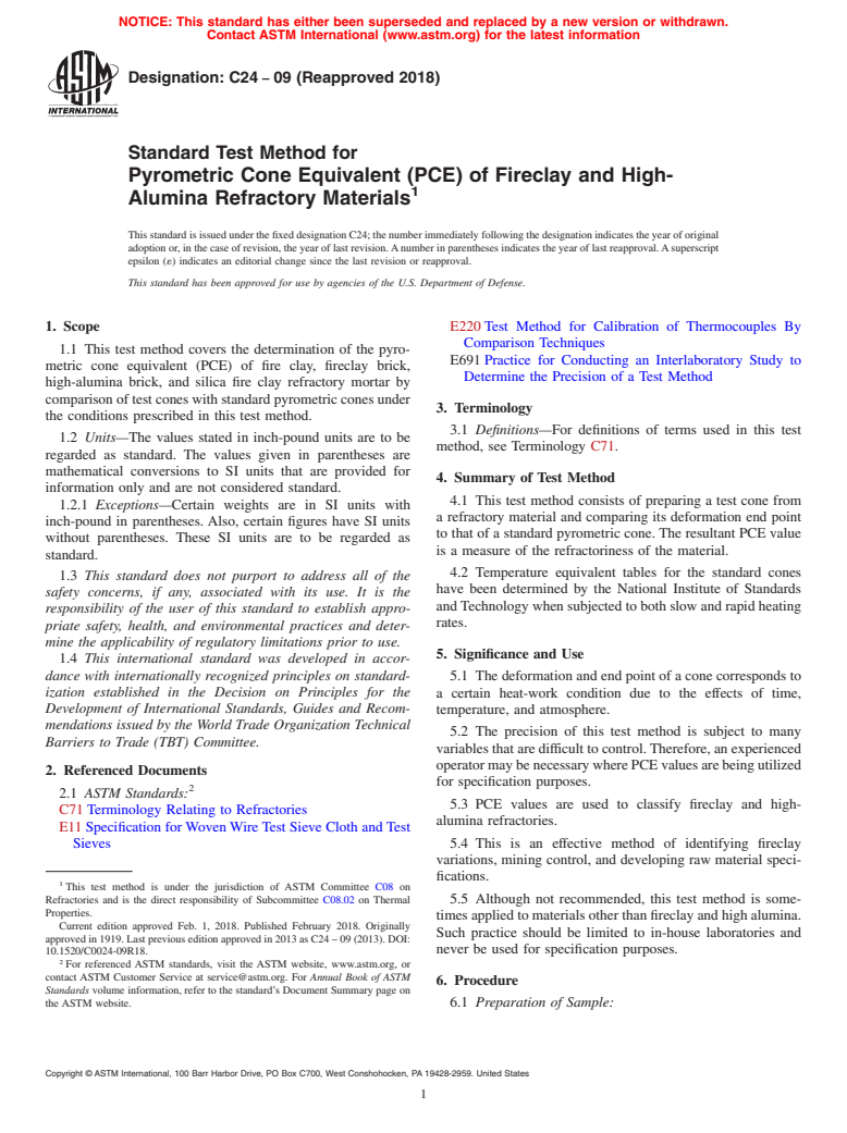 ASTM C24-09(2018) - Standard Test Method for Pyrometric Cone Equivalent (PCE) of Fireclay and High-Alumina Refractory Materials