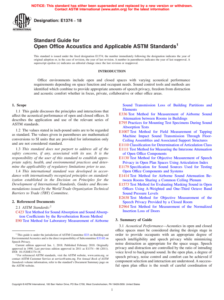 ASTM E1374-18 - Standard Guide for Open Office Acoustics and Applicable ASTM Standards