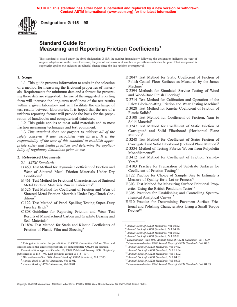 ASTM G115-98 - Standard Guide for Measuring and Reporting Friction Coefficients