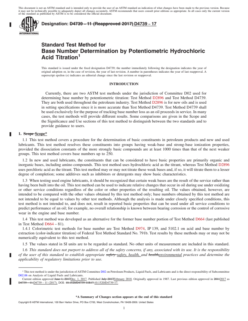 REDLINE ASTM D4739-17 - Standard Test Method for  Base Number Determination by Potentiometric Hydrochloric Acid   Titration