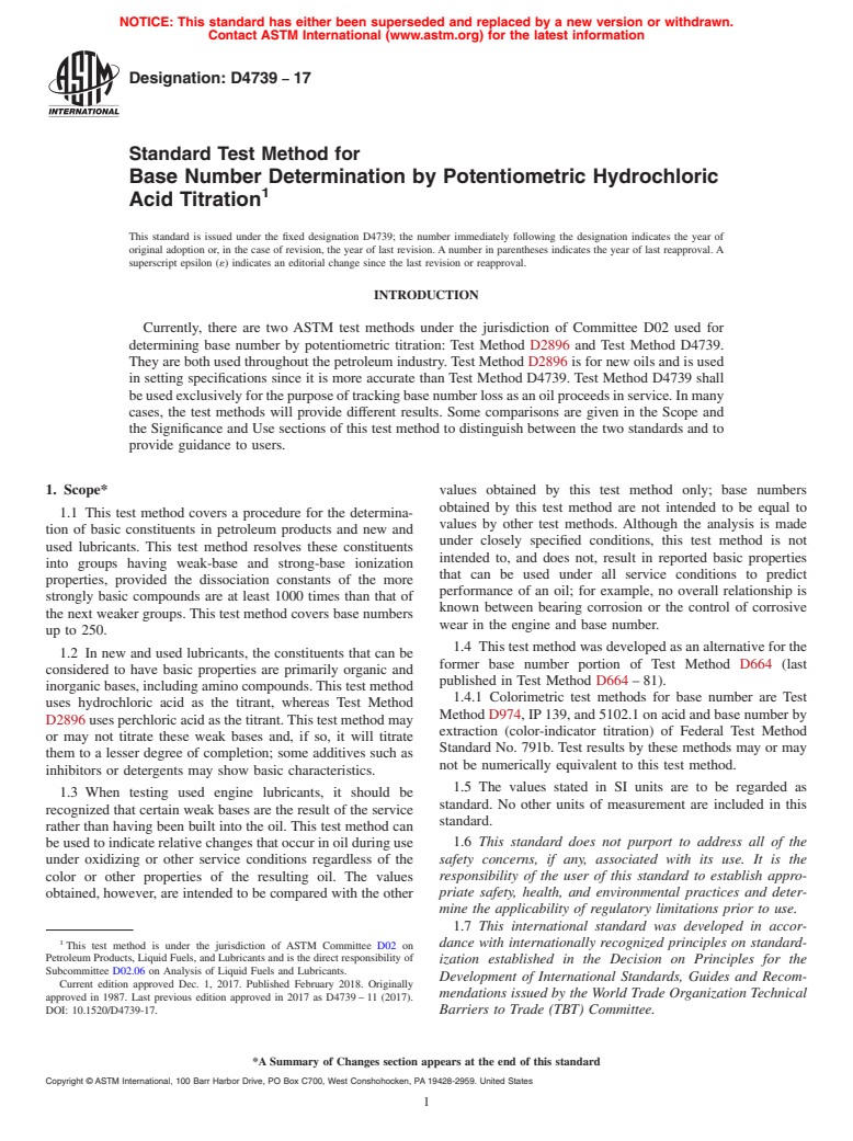 ASTM D4739-17 - Standard Test Method for  Base Number Determination by Potentiometric Hydrochloric Acid   Titration