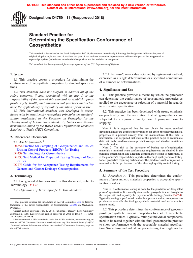 ASTM D4759-11(2018) - Standard Practice for  Determining the Specification Conformance of Geosynthetics