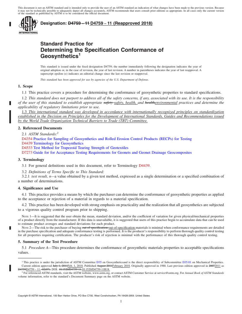 REDLINE ASTM D4759-11(2018) - Standard Practice for  Determining the Specification Conformance of Geosynthetics