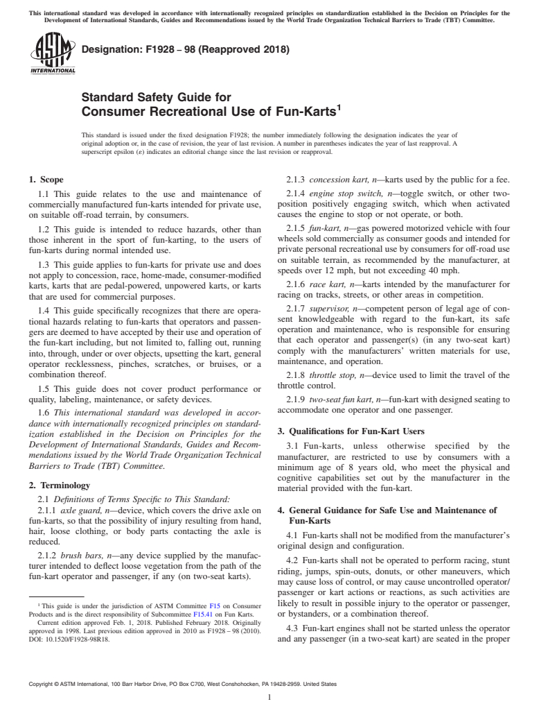 ASTM F1928-98(2018) - Standard Safety Guide for  Consumer Recreational Use of Fun-Karts