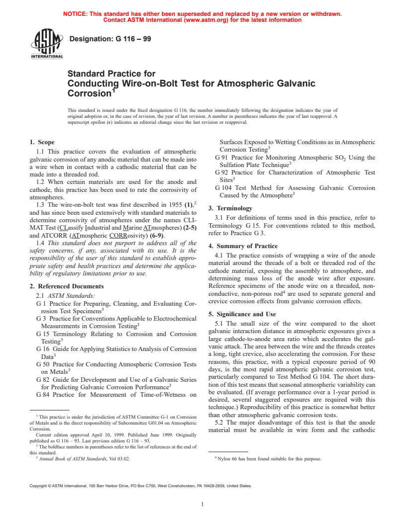 ASTM G116-99 - Standard Practice for Conducting Wire-on-Bolt Test for Atmospheric Galvanic Corrosion