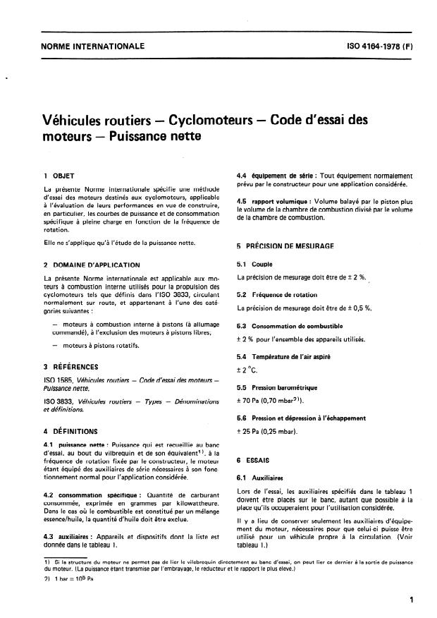 ISO 4164:1978 - Véhicules routiers -- Cyclomoteurs -- Code d'essai des moteurs -- Puissance nette