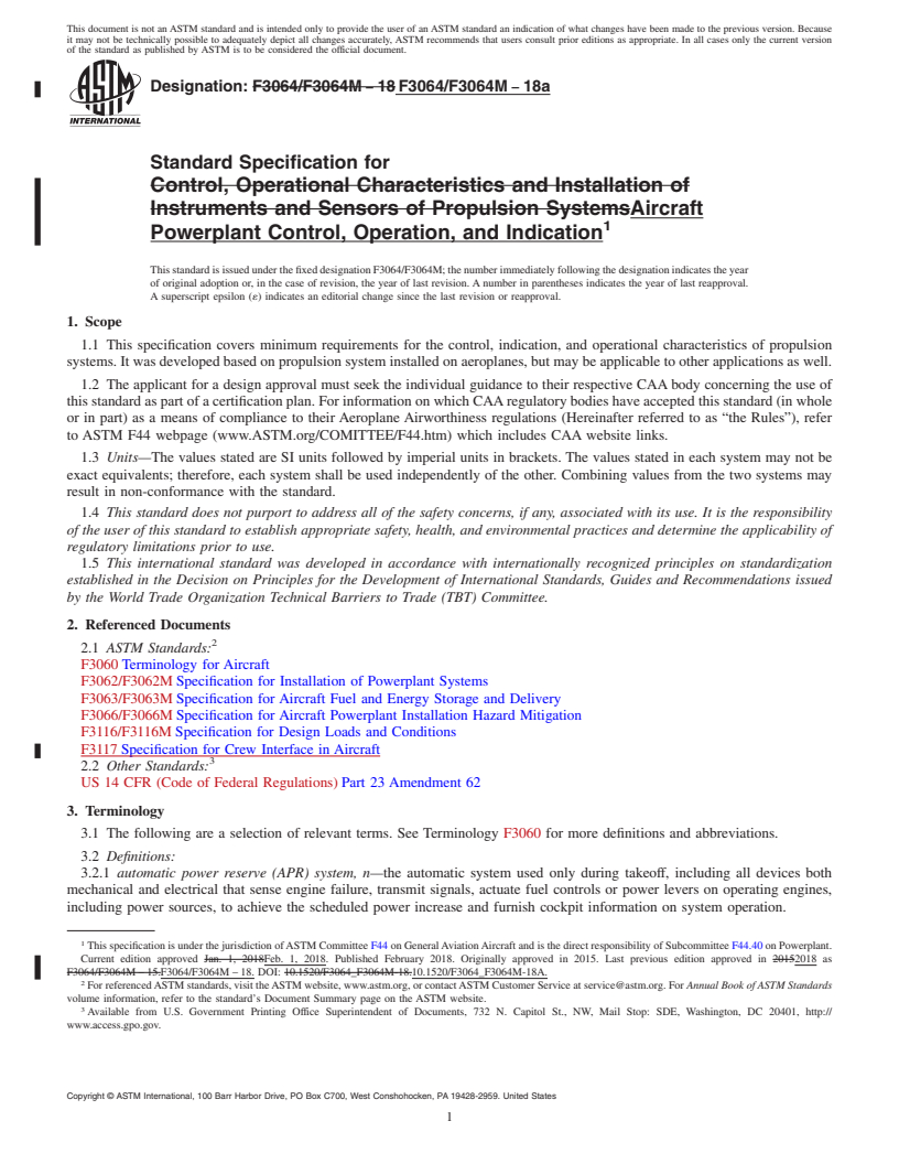 REDLINE ASTM F3064/F3064M-18a - Standard Specification for Aircraft Powerplant Control, Operation, and Indication