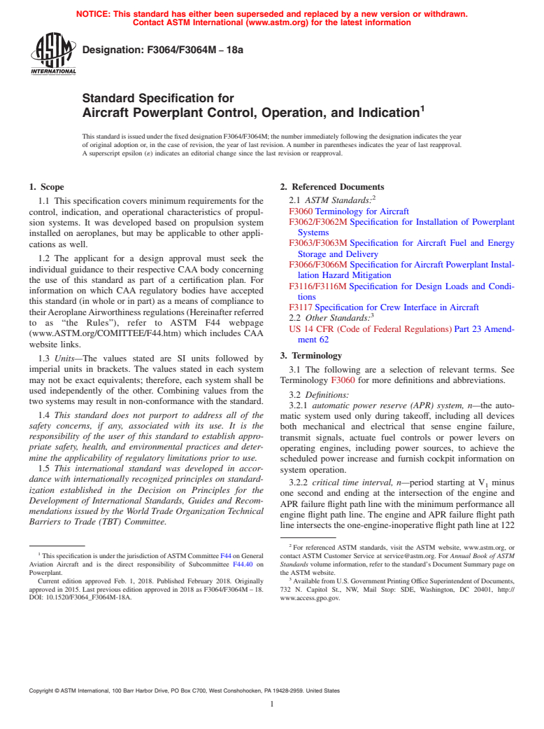 ASTM F3064/F3064M-18a - Standard Specification for Aircraft Powerplant Control, Operation, and Indication