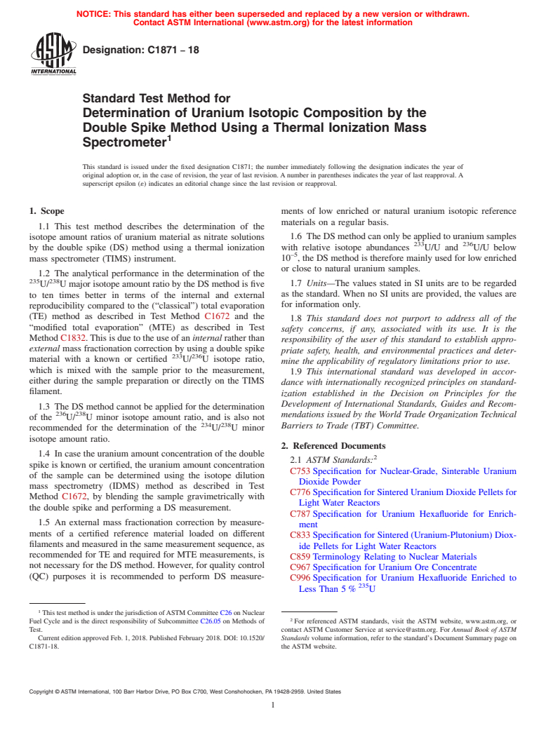 ASTM C1871-18 - Standard Test Method for Determination of Uranium Isotopic Composition by the Double  Spike Method Using a Thermal Ionization Mass Spectrometer