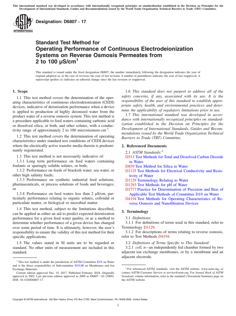 ASTM D6807-17 - Standard Test Method for  Operating Performance of Continuous Electrodeionization Systems  on Reverse Osmosis Permeates from<brk/>2 to 100 &#x3bc;S/cm