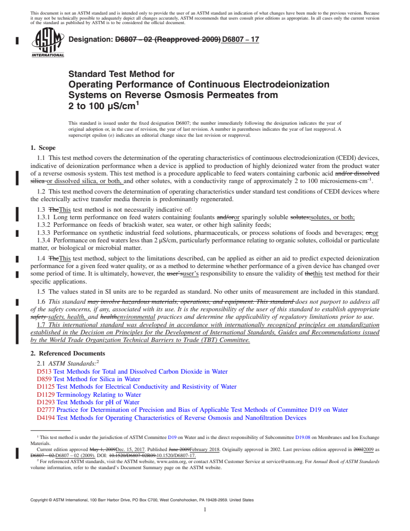 REDLINE ASTM D6807-17 - Standard Test Method for  Operating Performance of Continuous Electrodeionization Systems  on Reverse Osmosis Permeates from<brk/>2 to 100 &#x3bc;S/cm