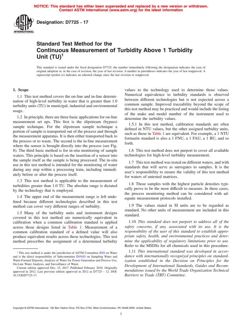 ASTM D7725-17 - Standard Test Method for the  Continuous Measurement of Turbidity Above 1 Turbidity Unit  (TU)