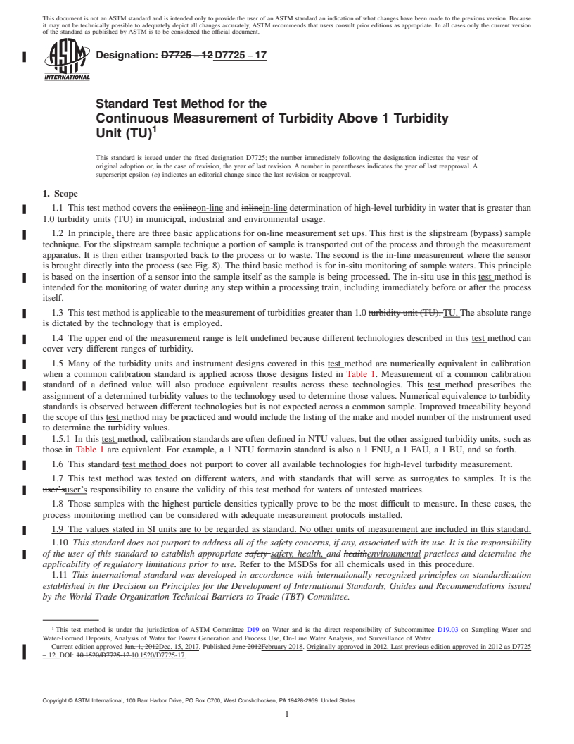 REDLINE ASTM D7725-17 - Standard Test Method for the  Continuous Measurement of Turbidity Above 1 Turbidity Unit  (TU)