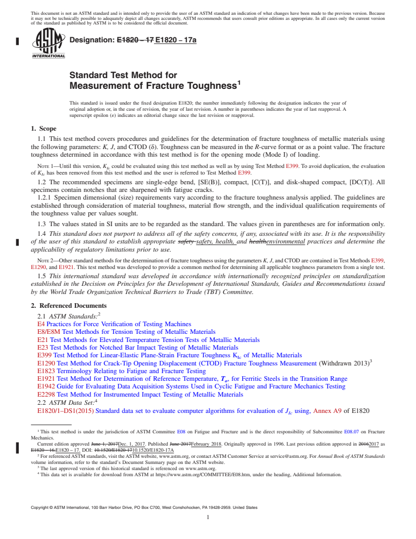 REDLINE ASTM E1820-17a - Standard Test Method for  Measurement of Fracture Toughness